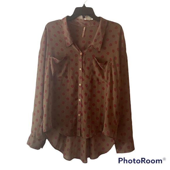 Free People Easy Rider Green and Pink Polka Dot Button Front Sheer Blouse Size M - Picture 1 of 7